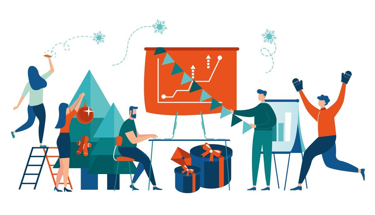 Tim proslavlja praznike pored poslovnih grafikona