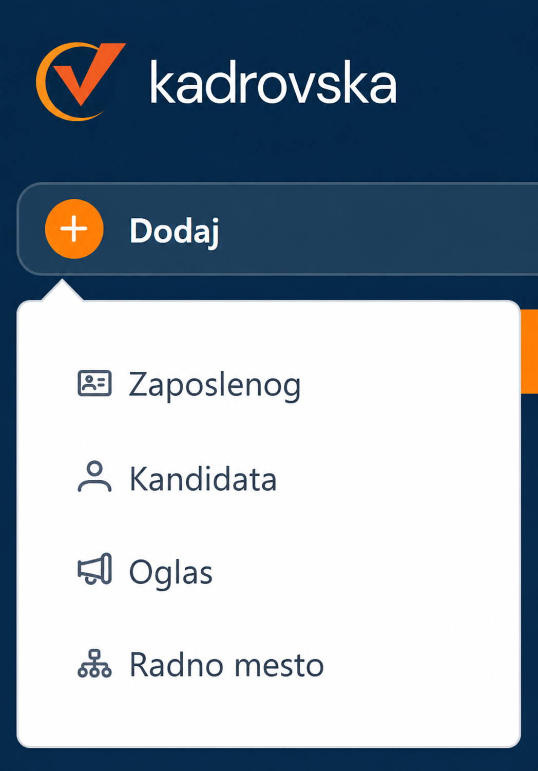 Meni za brzo dodavanje zaposlenog, kandidata, oglasa i radnog mesta
